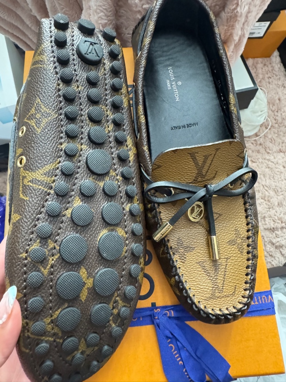 Louis Vuitton Brown Monogram Leather Moccasin Loafers with Gold Accents - Picture 3 of 4